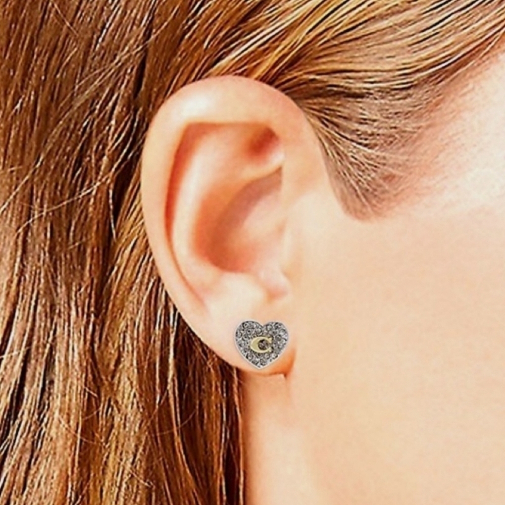🩶▪️Coach ▪️Heart Earrings Two-Tone Pave Rhinestone w/ Signature C. - Picture 4 of 5